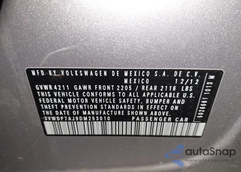 2013 Volkswagen Jetta Se from USA, damaged, VIN 3VWDP7AJ9DM253010